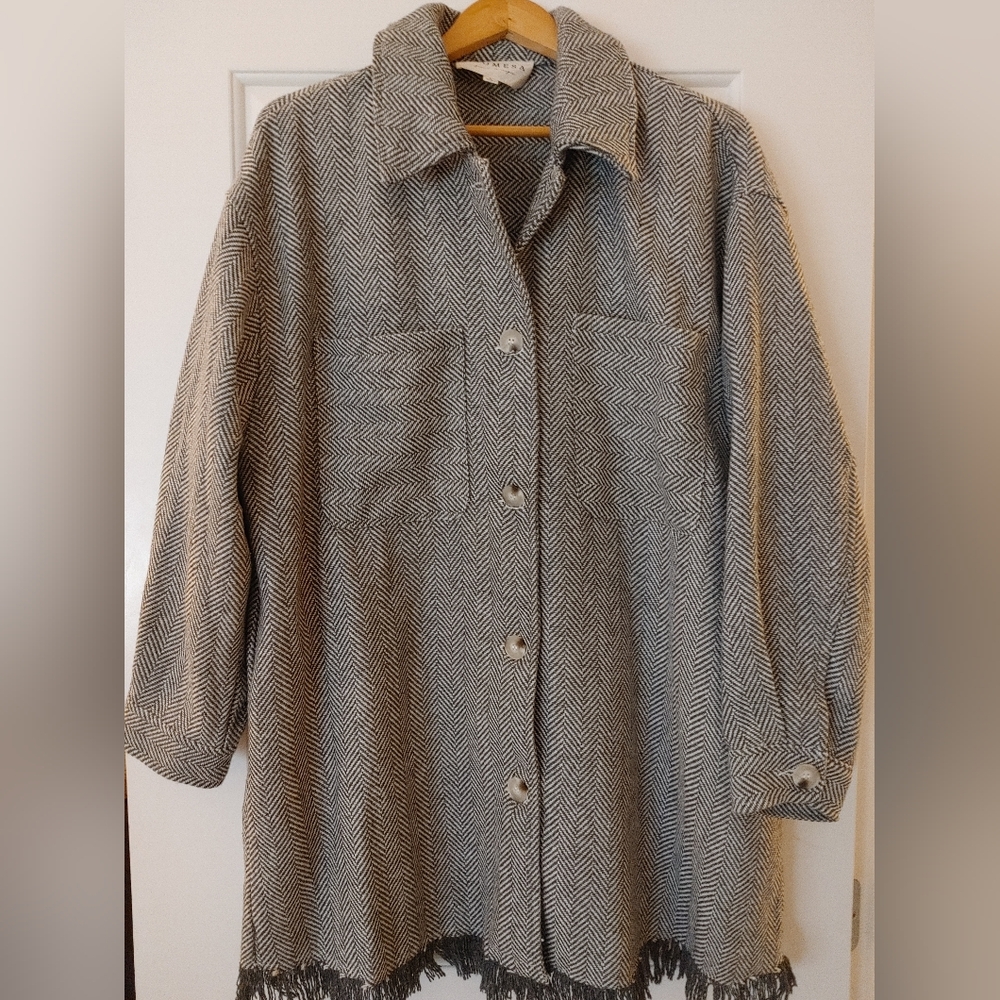 Promesa Grey & Black Herringbone Button-Up Shacket/Teddy Coat ~ Size L